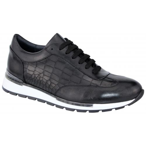 Duca Di Matiste "Varsi" Black Genuine Italian Calfskin Leather / Crocodile Print Lace-Up Sneakers.